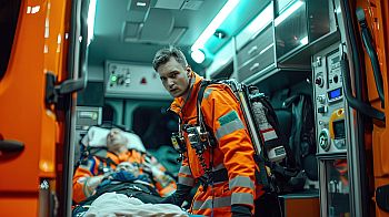 paramedic with elderly man in ambulance